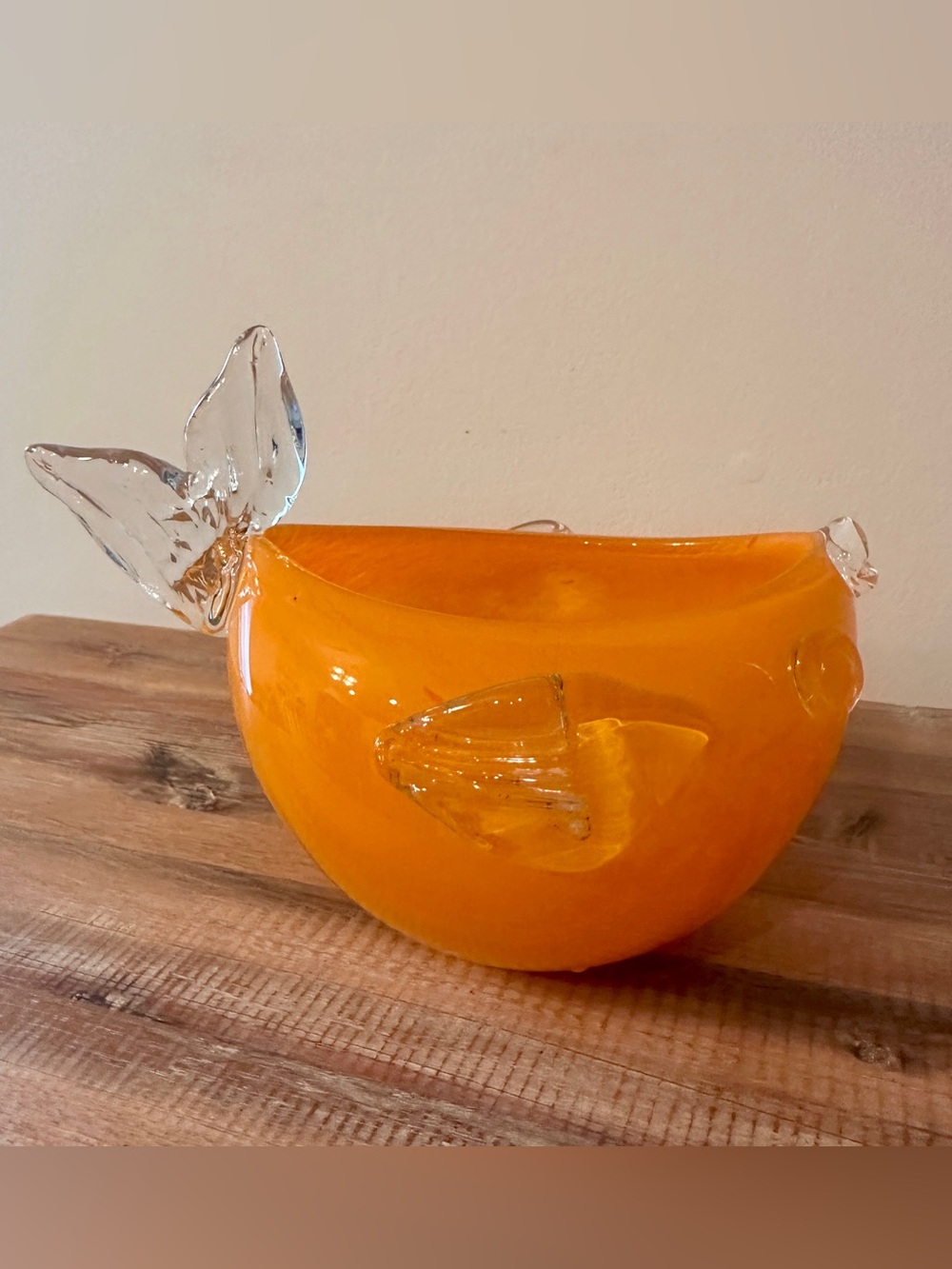Orange Art Glass Fish Bowl Dish Clear Fins Tail Hand Blown Decor